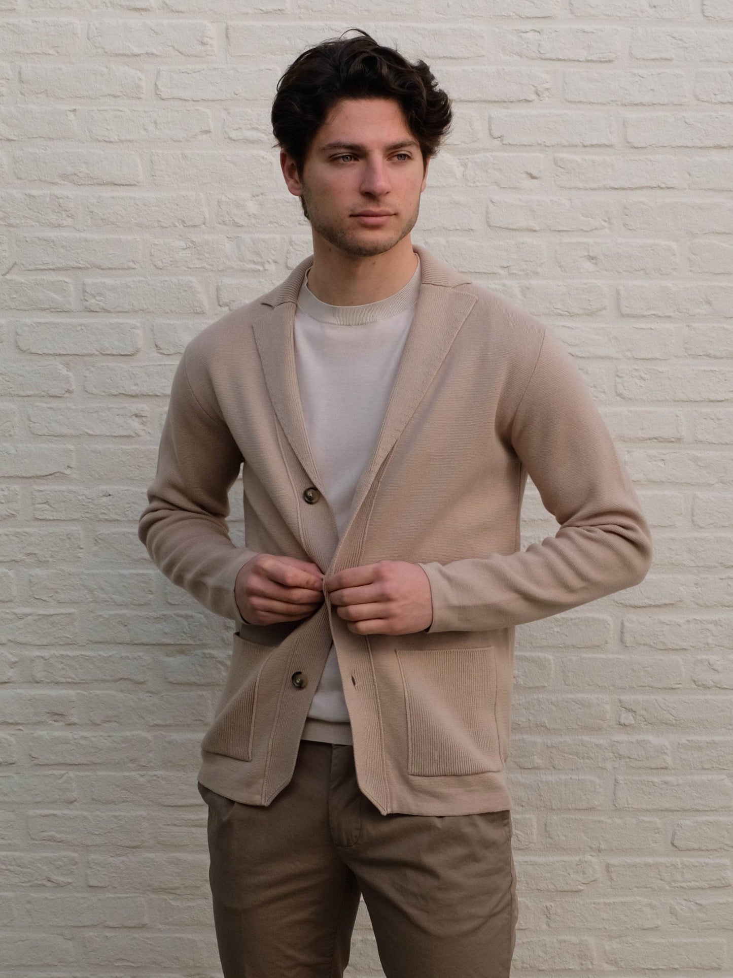 FERRANTE - Beige Blazer Cardigan In Katoen Truien Ferrante 