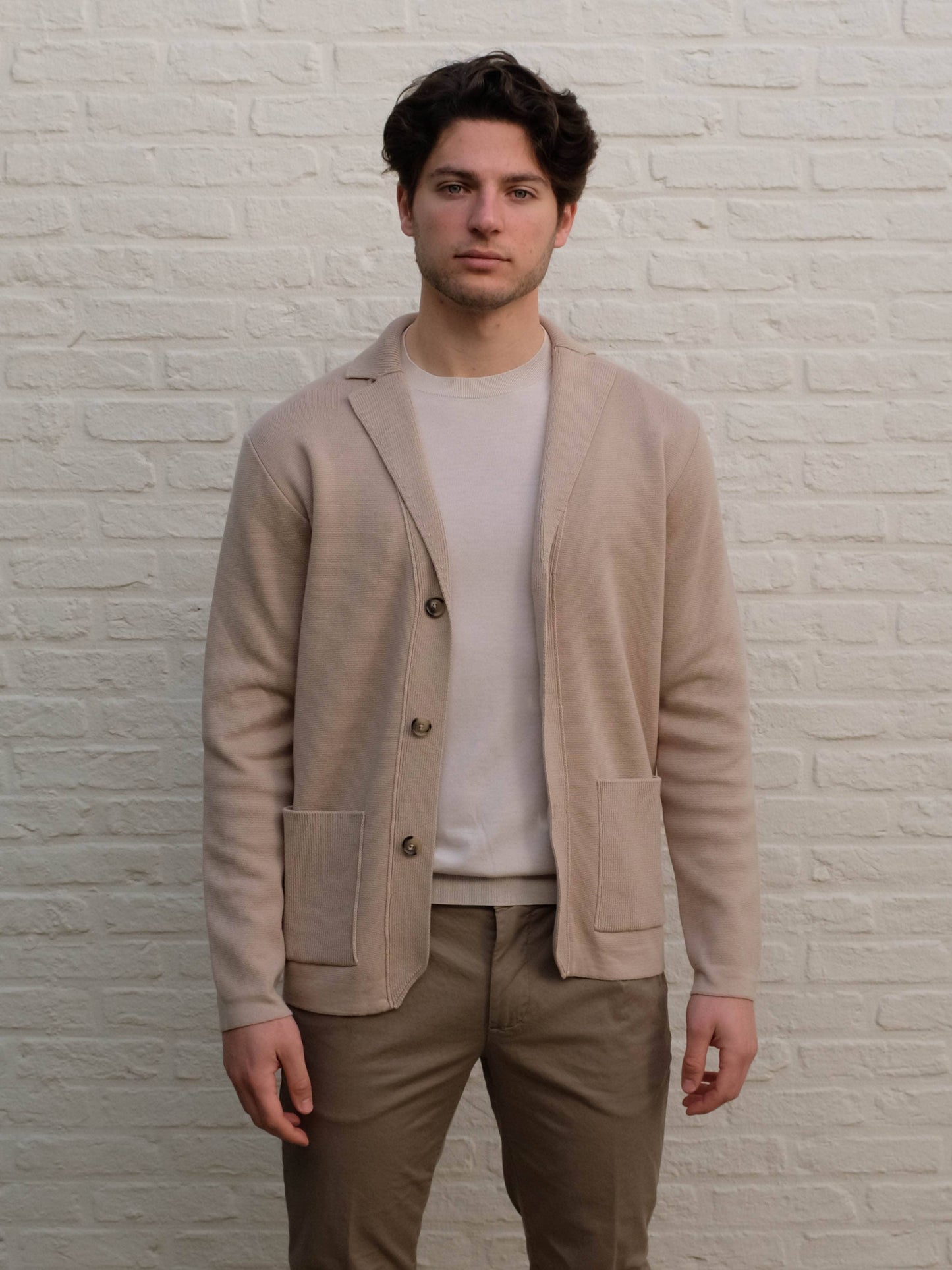 FERRANTE - Beige Blazer Cardigan In Katoen Truien Ferrante 