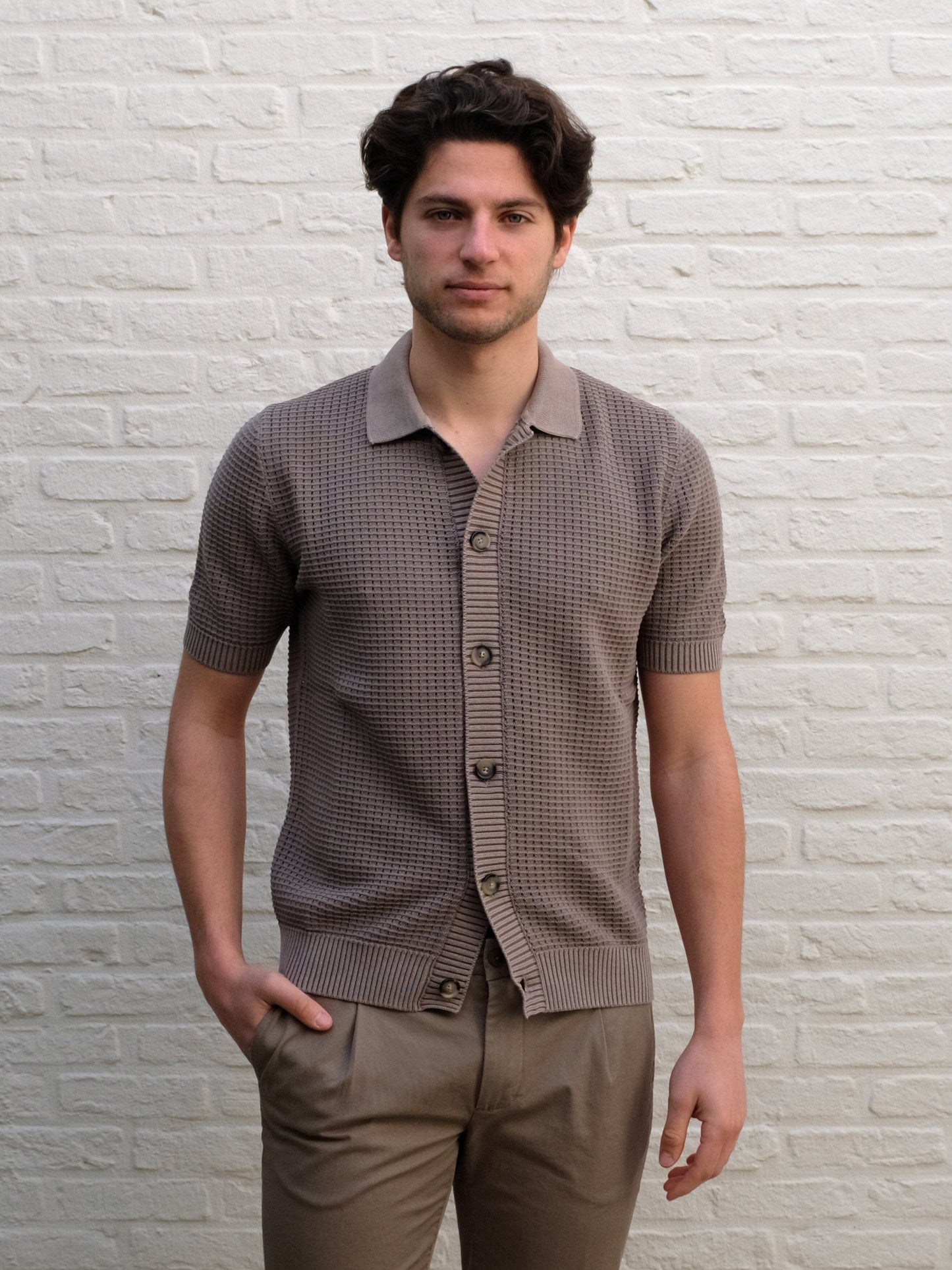 FERRANTE - Doorknoopte polo Structuur Taupe Polo's Ferrante 