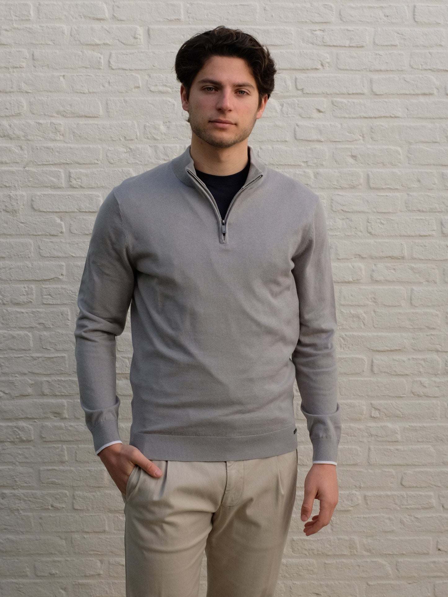 GENTILUOMO - Half Zip Silk Cotton Sweater Grijs Truien Gentiluomo 