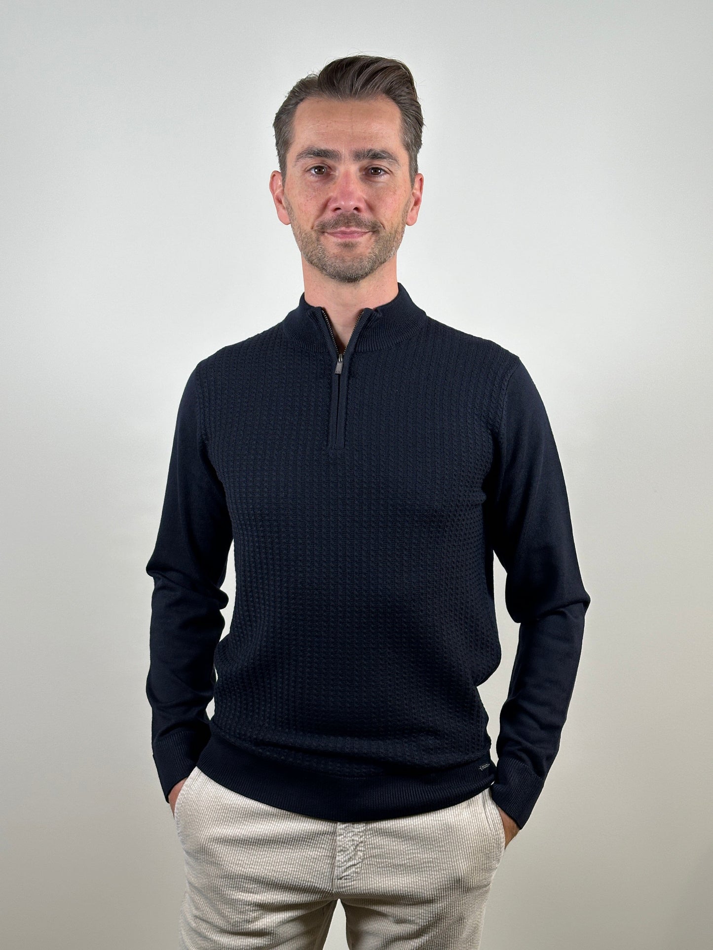 GENTILUOMO - Merino Kabelmotief Turtle Zip Donkerblauw Truien Gentiluomo 