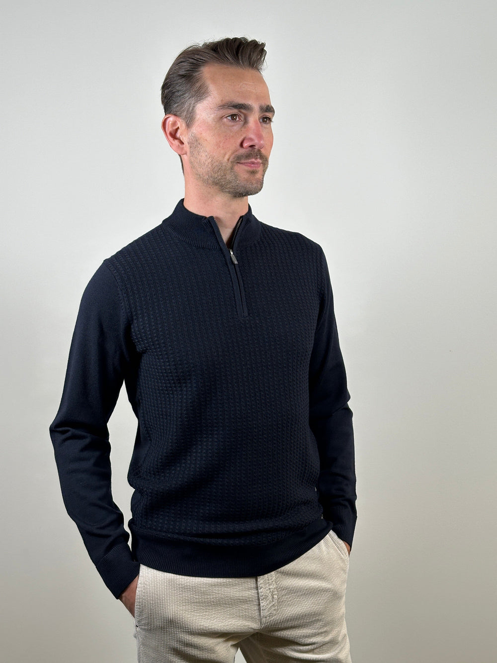 GENTILUOMO - Merino Kabelmotief Turtle Zip Donkerblauw Truien Gentiluomo 