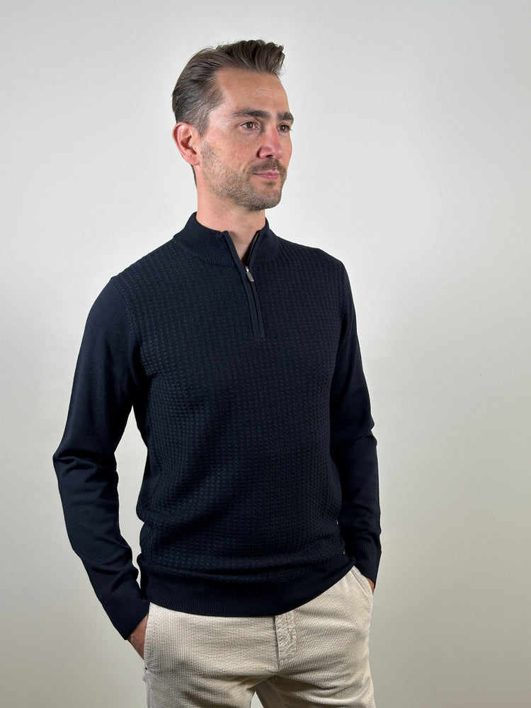 GENTILUOMO - Merino Kabelmotief Turtle Zip Donkerblauw Truien Gentiluomo 