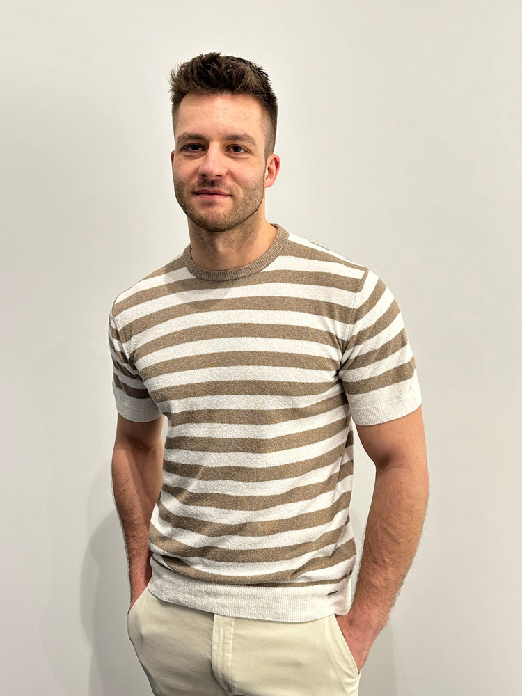 GENTILUOMO - T-Shirt Bouclé Gestreept Off-White Taupe T-shirts Gentiluomo 