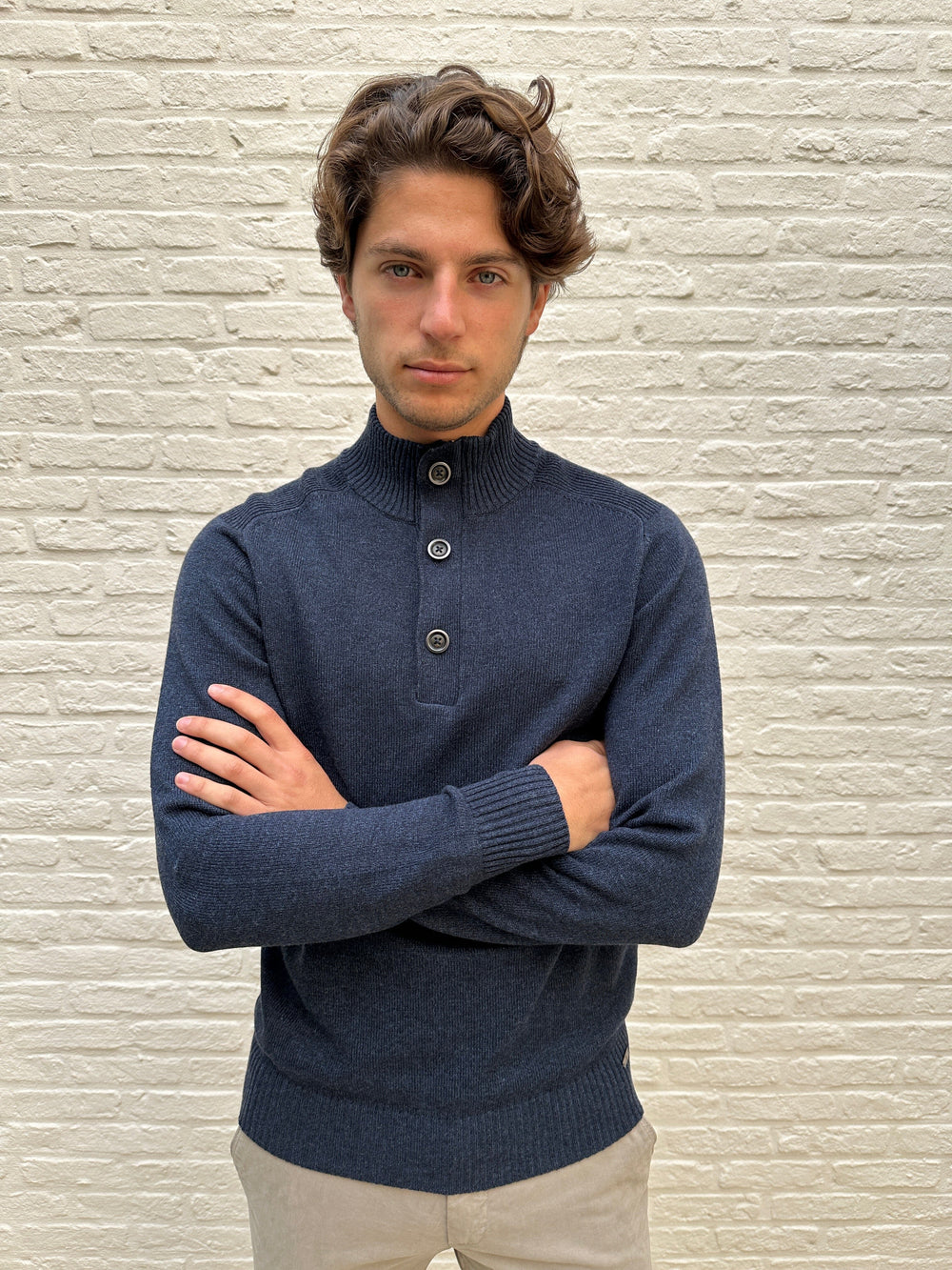 GENTILUOMO - Trui Met Rits En Knopen Merino Blauw Truien Gentiluomo 