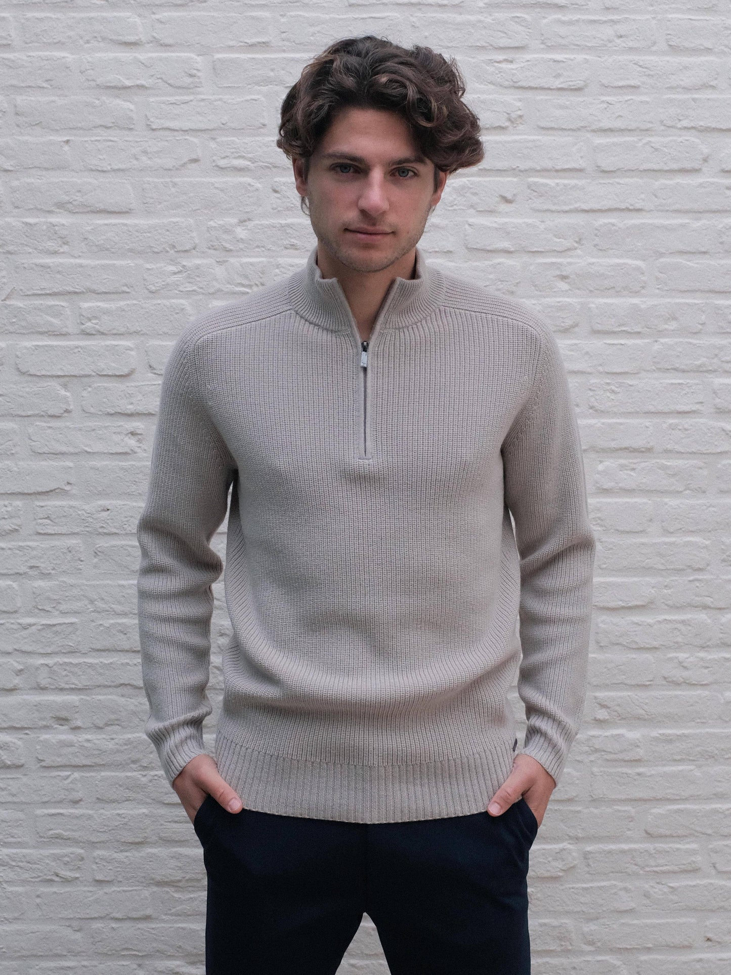 GENTILUOMO - Trui Met Rits Merino Beige Truien Gentiluomo 