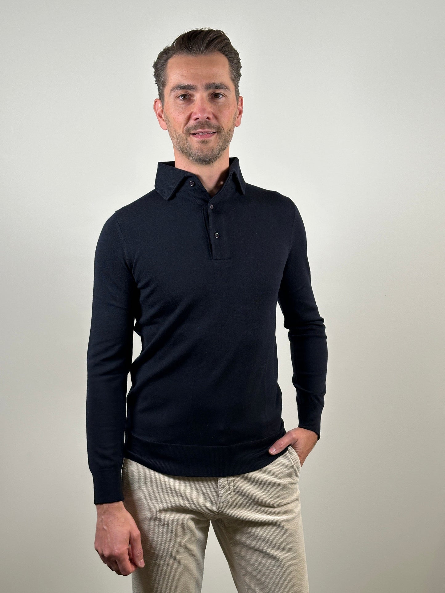 
                  
                    I'm Fine - Polo Hidden Button Down Merino Blue Black Truien I'm Fine 
                  
                