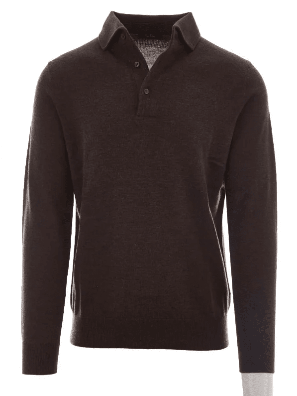 I'm Fine - Polo met verborgen knoopsluiting 100% extrafijne merinowol Bruin Truien I'm Fine 