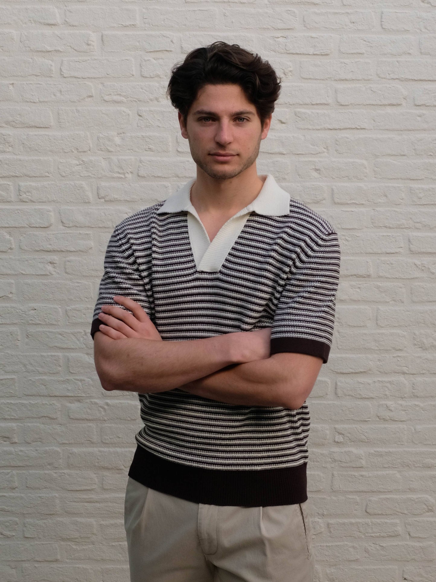 KANGRA - Open Collar Knitted Polo Bruin/Ecru Polo's Kangra 