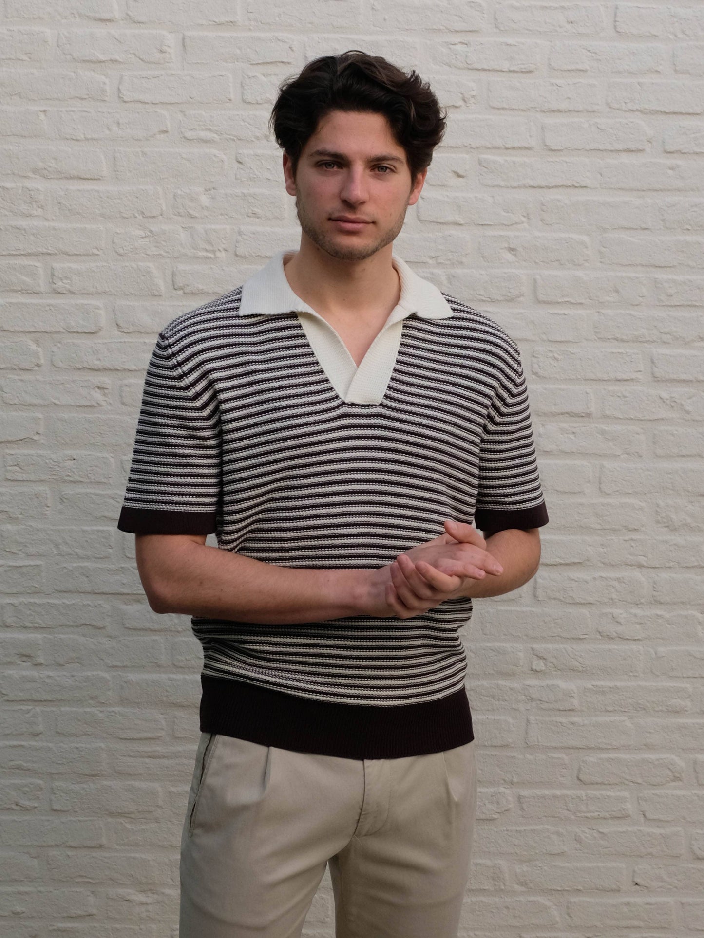 KANGRA - Open Collar Knitted Polo Bruin/Ecru Polo's Kangra 