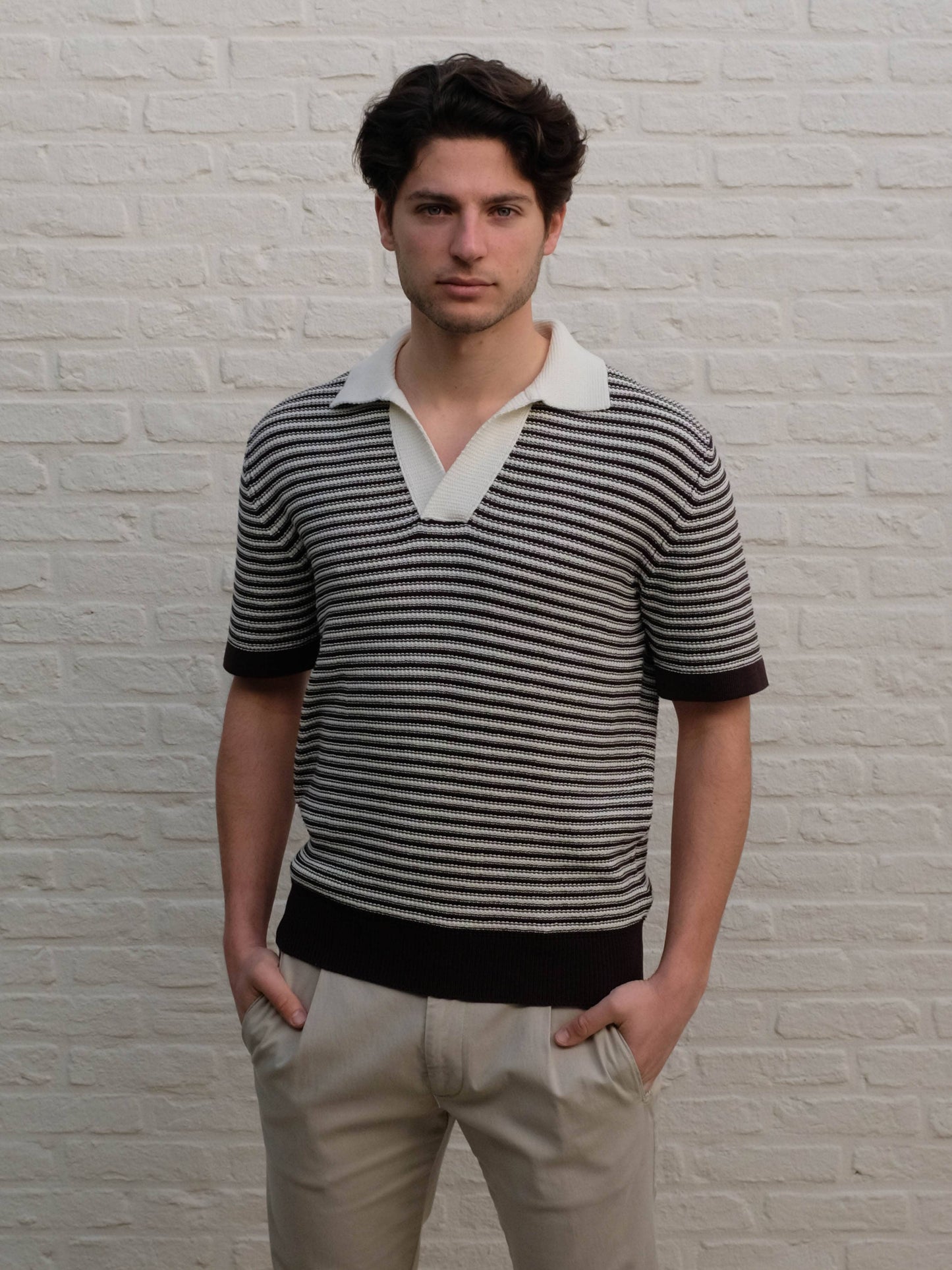 
                  
                    KANGRA - Open Collar Knitted Polo Bruin/Ecru Polo's Kangra 
                  
                
