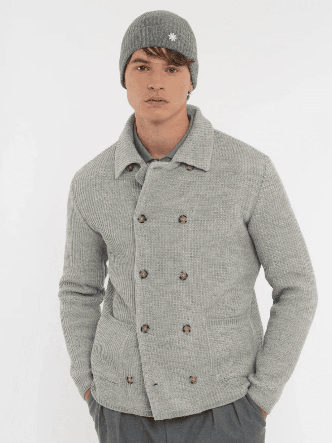 MANUEL RITZ - Gray Wool Blend Double Breasted Knitted Blazer Truien Manuel Ritz 
