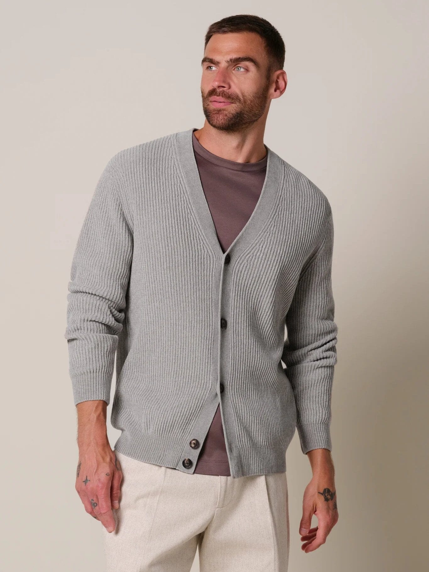PROFUOMO - Chenille Cotton Cardigan Grijs Truien Profuomo 