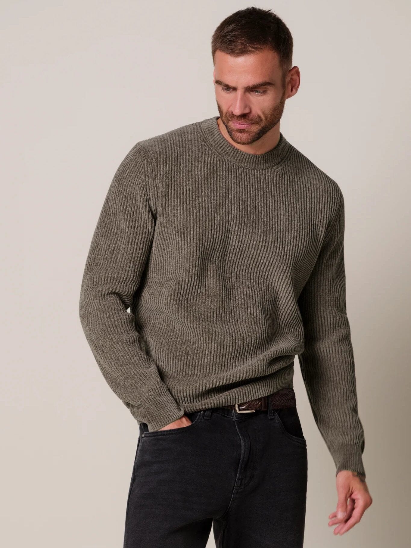 PROFUOMO - Chenille Cotton Crewneck Taupe Truien Profuomo 