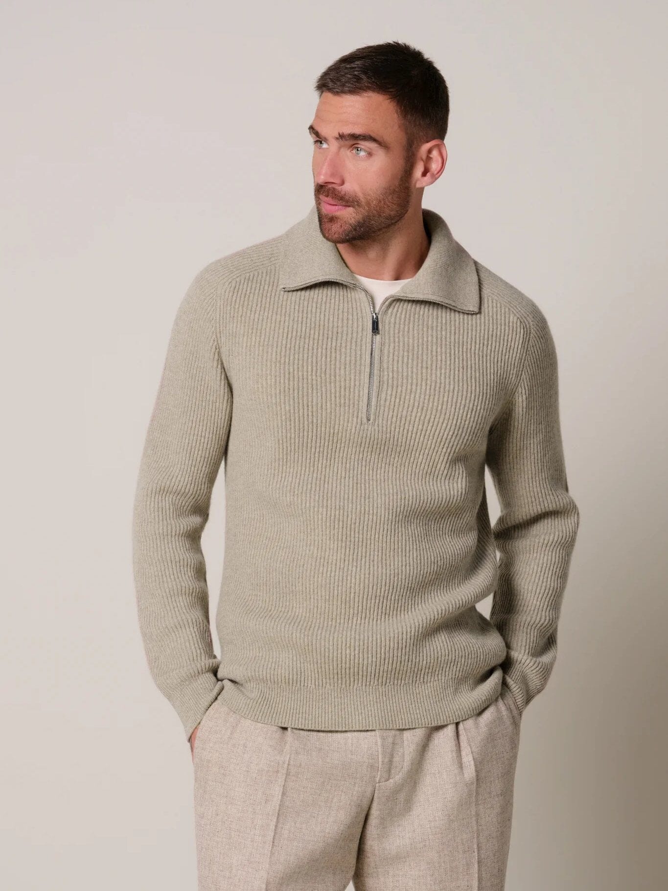 PROFUOMO - Heavy Wool Half Zip Beige Truien Profuomo 