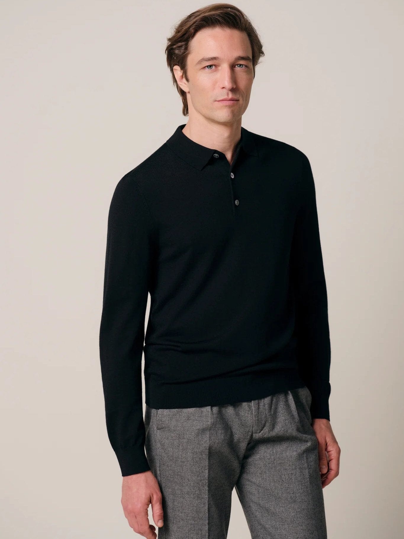 PROFUOMO - Longsleeve Merino Polo Zwart Truien Profuomo 