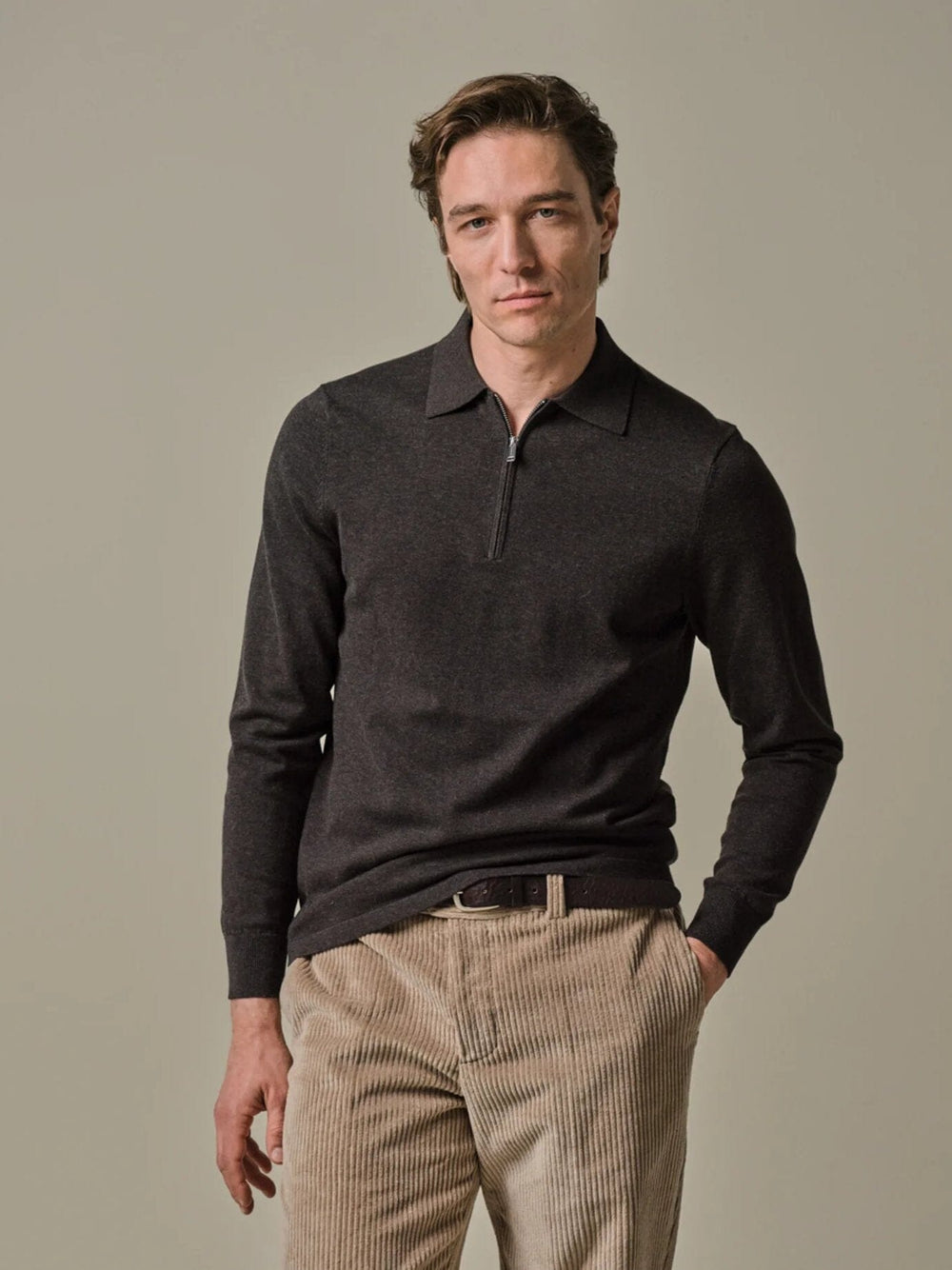 PROFUOMO - Longsleeve Zip Polo Bruin Truien Profuomo 