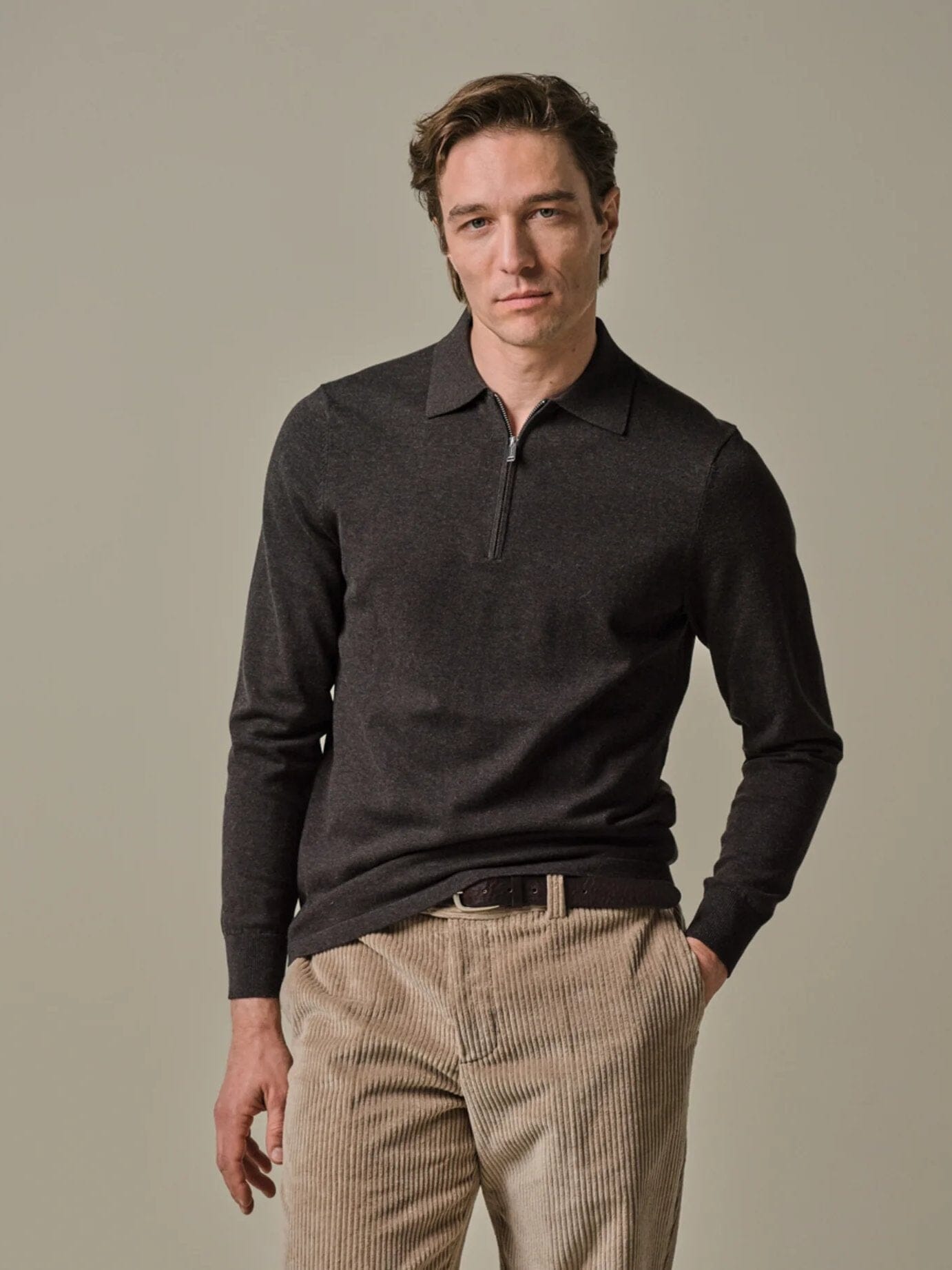 PROFUOMO - Longsleeve Zip Polo Bruin Truien Profuomo 