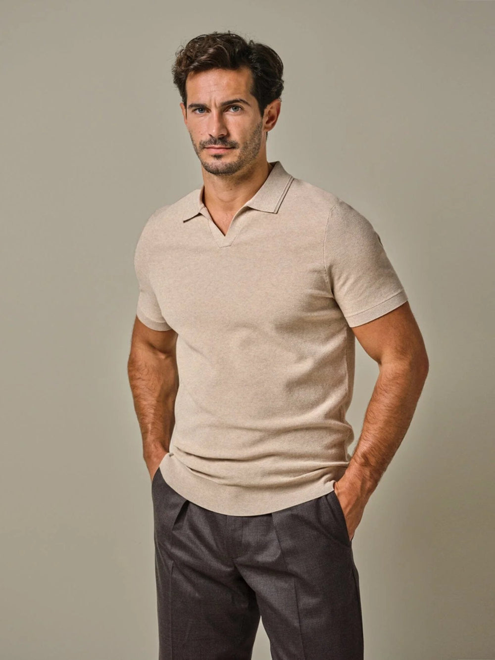 PROFUOMO - Open Collar Luxury Polo Sand Polo's Profuomo 