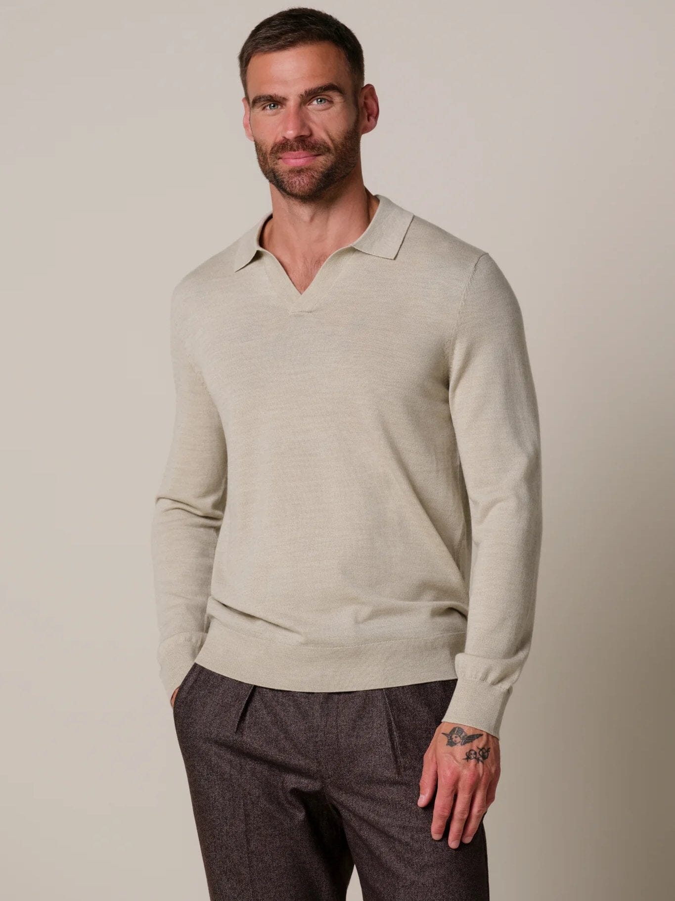 PROFUOMO - Open Collar Merino Polo Beige Truien Profuomo 