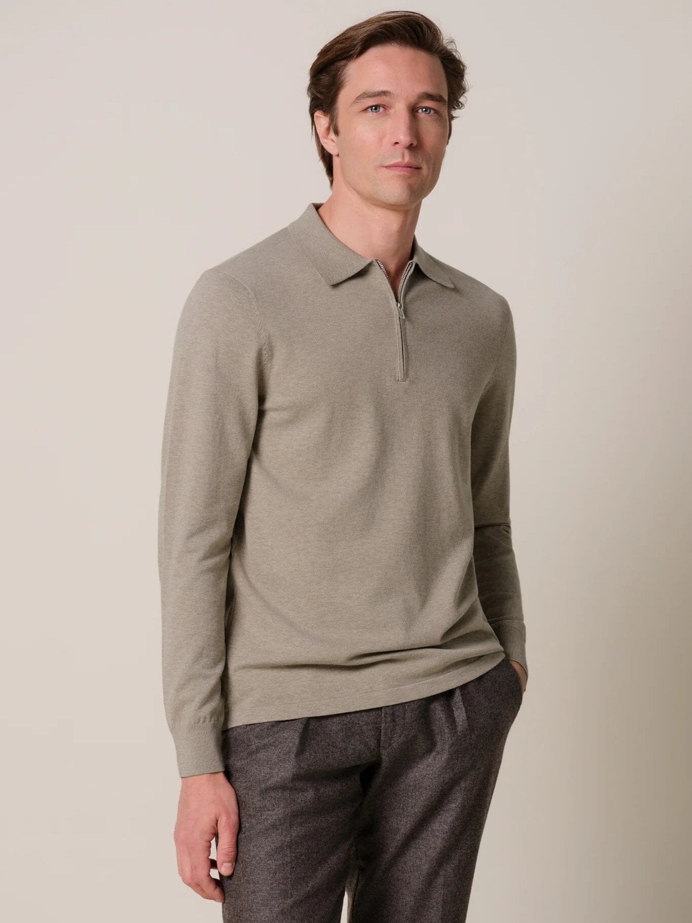 PROFUOMO - Polo Half Zip Longsleeve Beige Truien Profuomo 