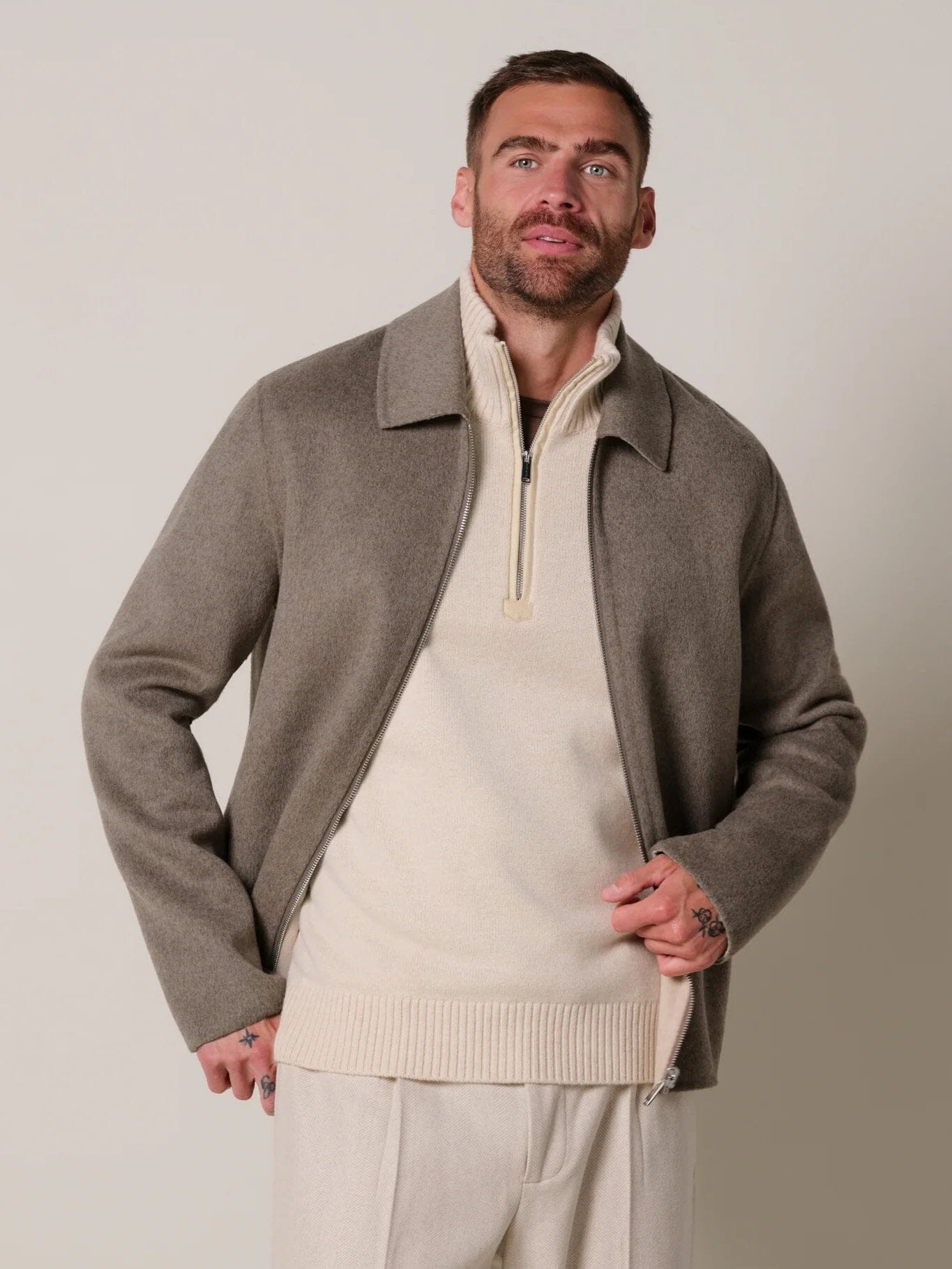 PROFUOMO - Reversible Wool Zip Jacket Beige/Off White Overshirts Profuomo 