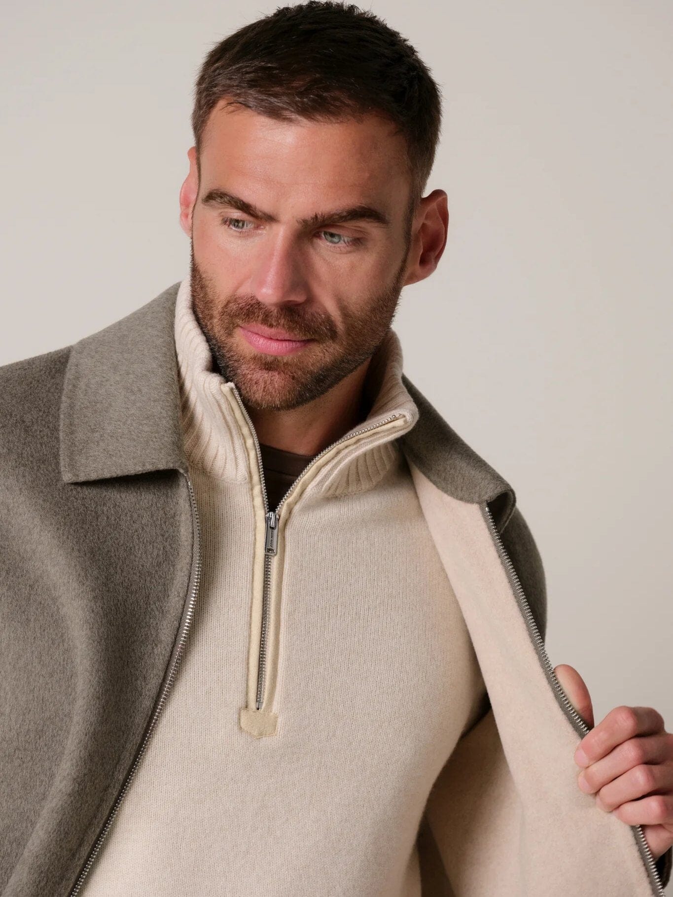 PROFUOMO - Reversible Wool Zip Jacket Beige/Off White Overshirts Profuomo 