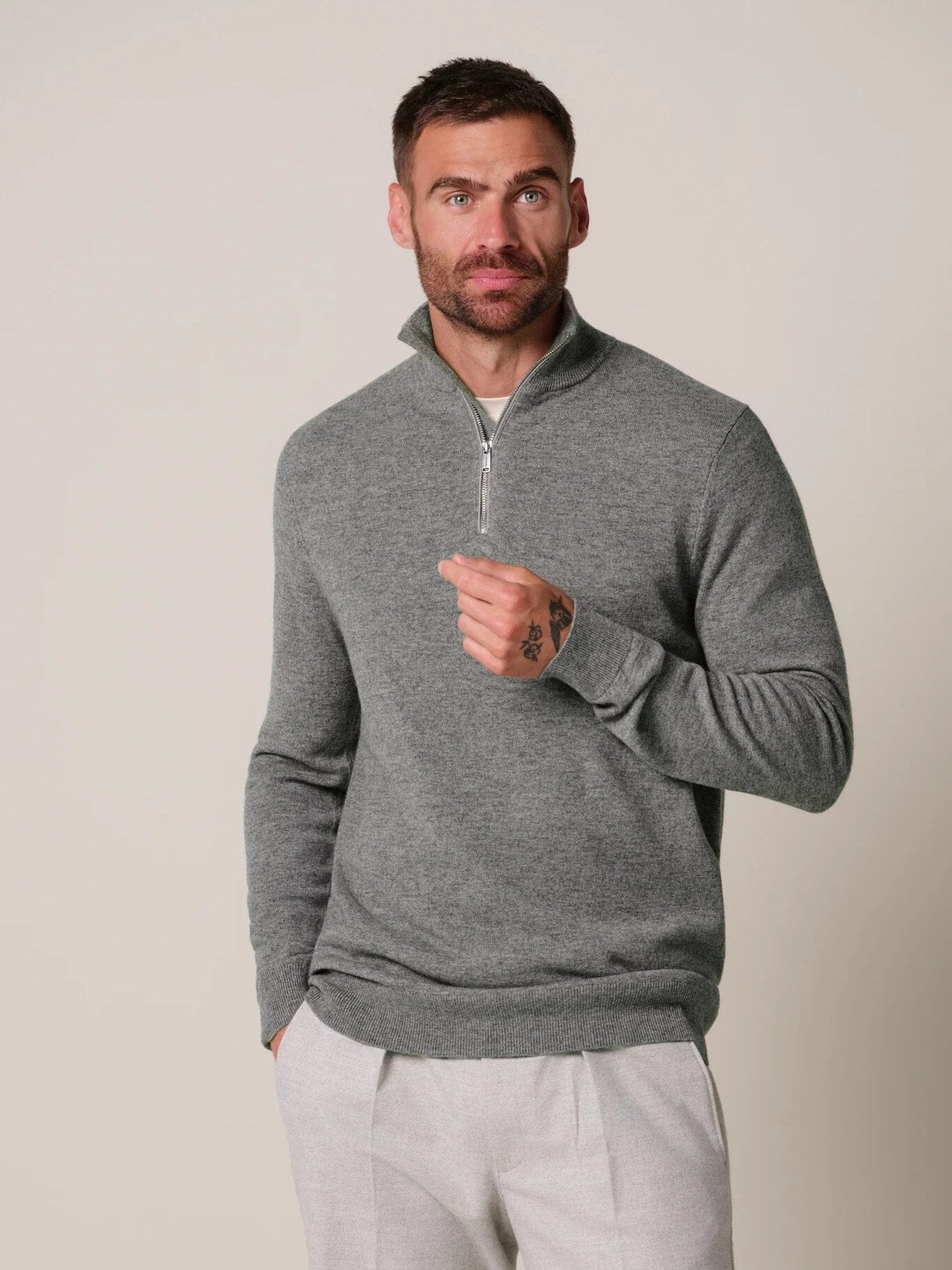 PROFUOMO - Wool Blend Half Zip Longsleeve Grijs Truien Profuomo 