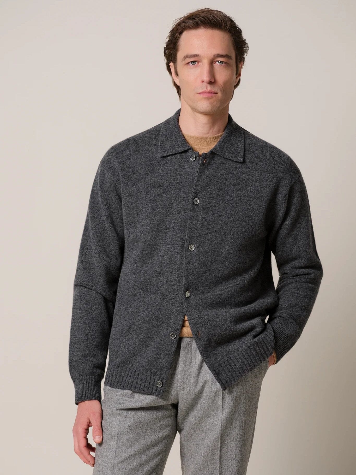 PROFUOMO - Wool Polo Cardigan Antraciet Truien Profuomo 