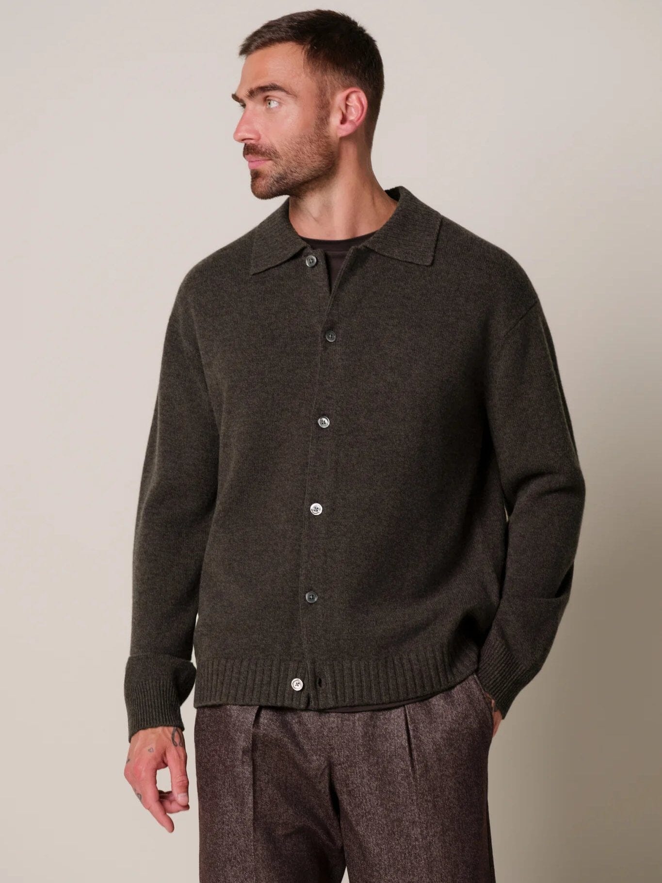 PROFUOMO - Wool Polo Cardigan Donkerbruin Truien Profuomo 